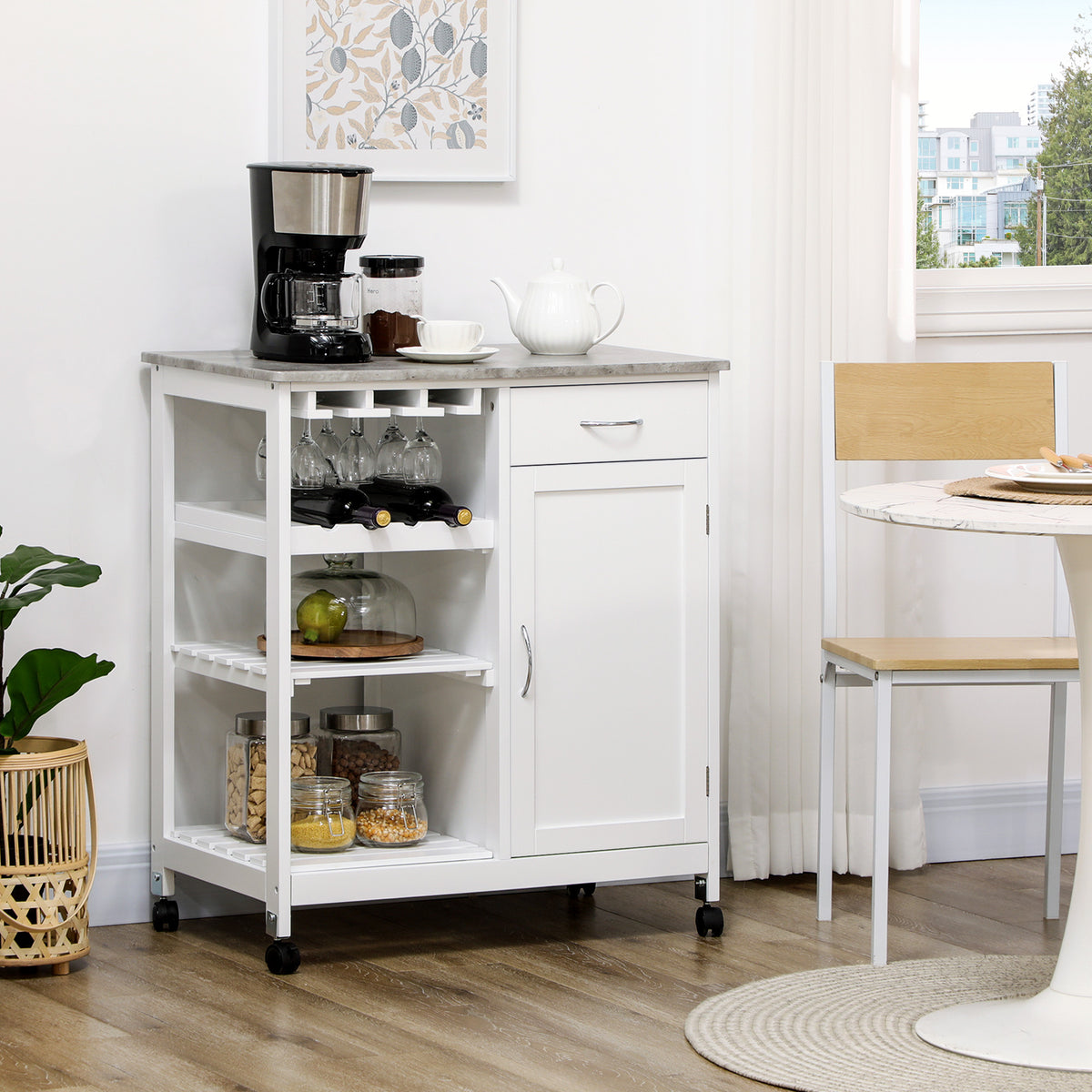 Rolling Kitchen Cart, Bar Cart on Wheels with Wine Rack, Drawer, Open Shelves, Cabinet and Faux Marble Top, Kitchen Island with Storage, White