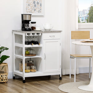 Rolling Kitchen Cart, Bar Cart on Wheels with Wine Rack, Drawer, Open Shelves, Cabinet and Faux Marble Top, Kitchen Island with Storage, White