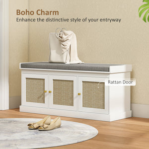 Shoe Storage Bench with Woven Rattan Doors, Shoe Bench with Cushion, Adjustable Shelves, Entryway Bench, White