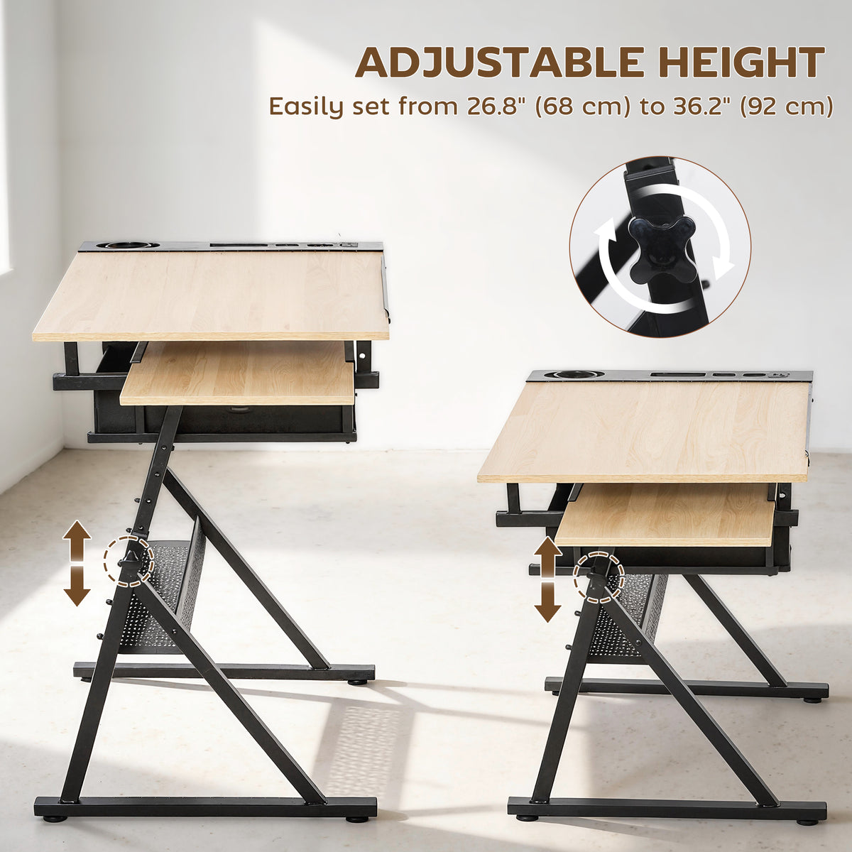 Adjustable Drafting Table, Art Desk Drawing Table Workstation with Stool and Storage Drawers for Painting, Oak