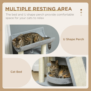 Small Cat Tree with Perch, Scratching Posts, Pad, Bed, Toy Balls, Light Grey