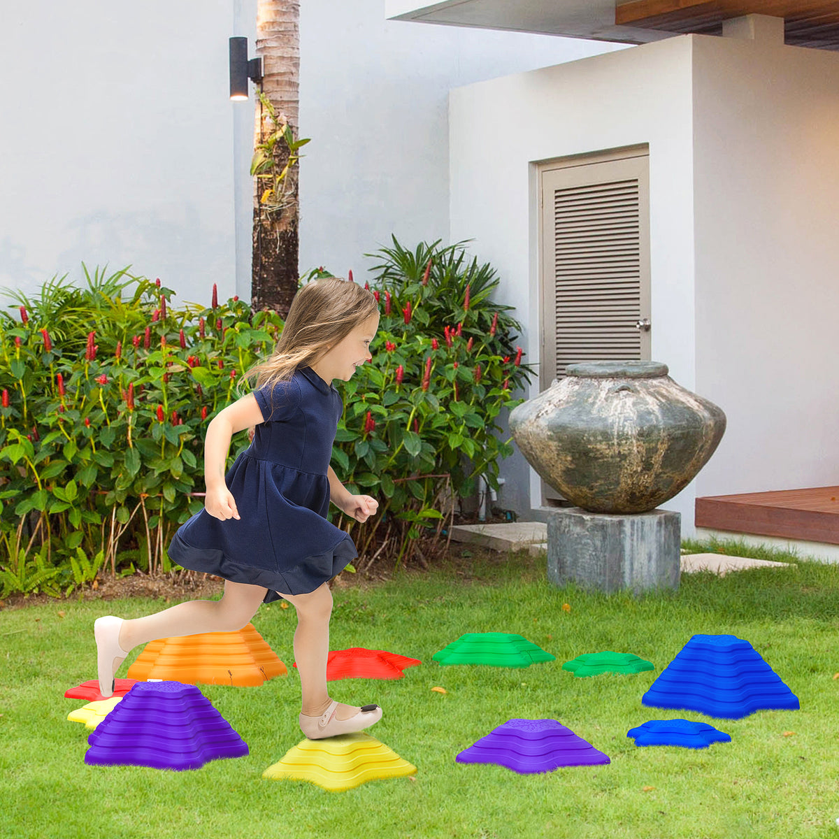 11PCs Larger Size Balance Stepping Stones for Kids with Non-slip Bottom, Stackable Obstacle Course Outdoor Indoor, Play River Rocks with Starfish Style