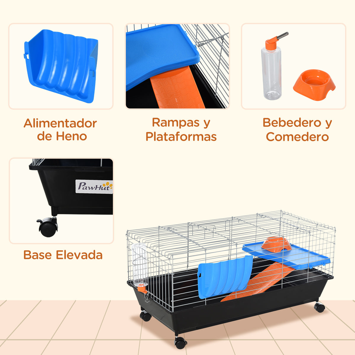 Small Animal Cage, Rolling Bunny Cage, Guinea Pig Cage with Food Dish, Water Bottle, Hay Feeder, Platform – view 5