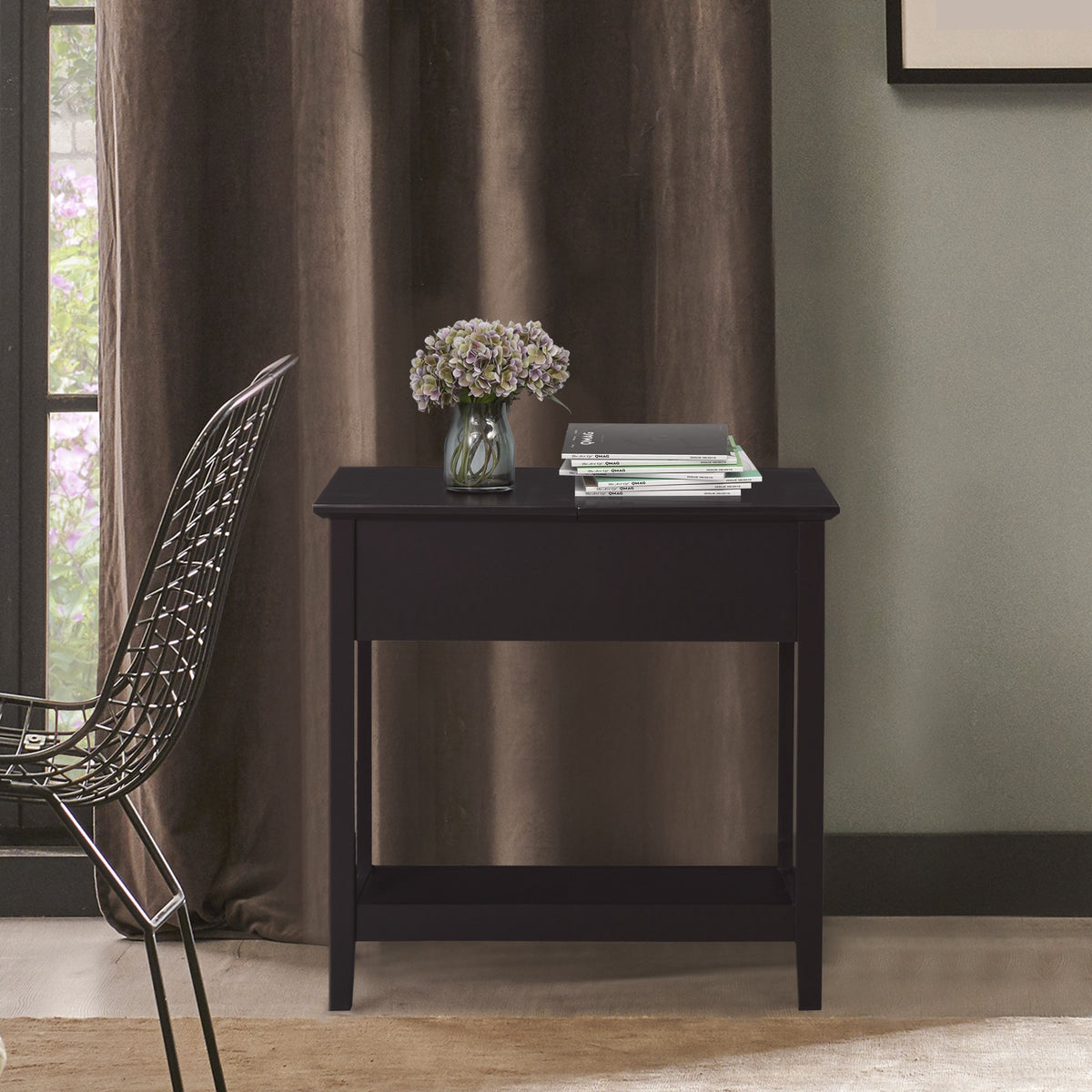 End Side Table in Flip Top Design with Cabinet and Bottom Shelf, Storage Furniture Decoration for Bedroom Living Room Office, Dark Coffee
