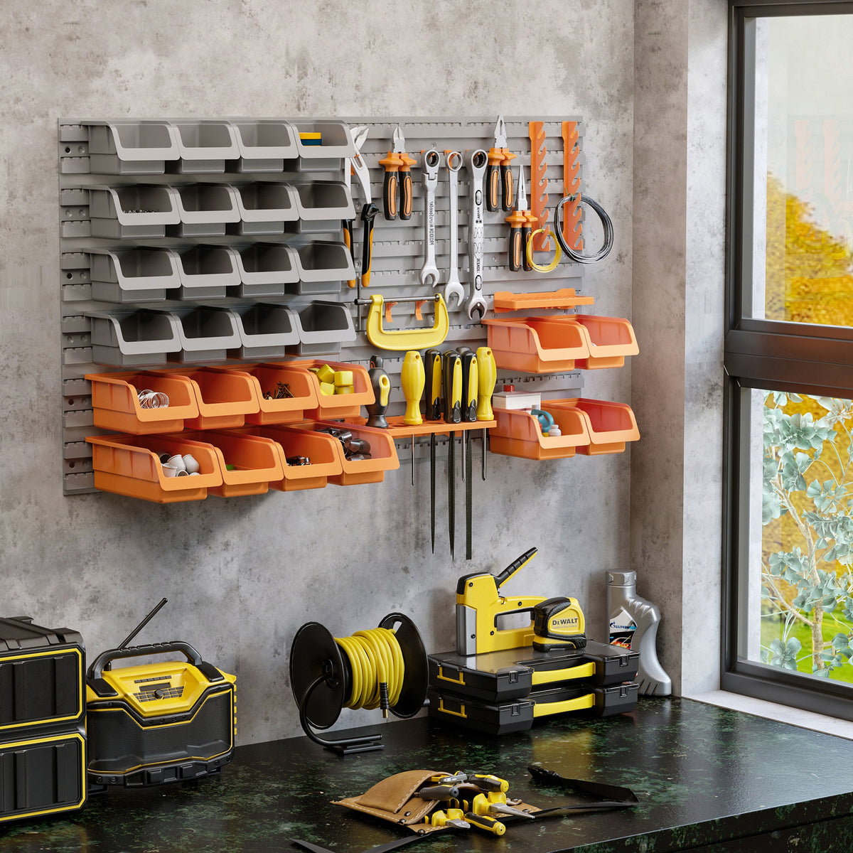 44PC Wall Mounted Storage Bins Parts Rack Kit with Storage Bins, Pegboard and Hooks, Garage Plastic Organizer, Orange