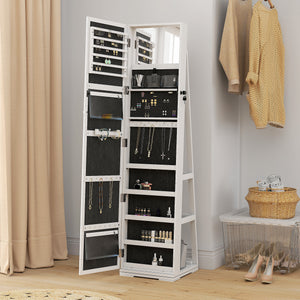 360° Swivel Jewelry Armoire, Lockable Mirror Jewelry Cabinet with Built-In Small Mirror, White – view 7
