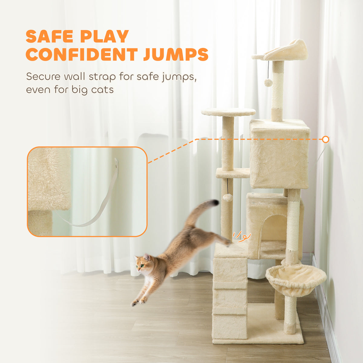 63 Inch Cat Tree with Sisal Scratching Posts, Condos, Plush Perches, Hammock, Ladder, Dangling Balls, Beige – view 5