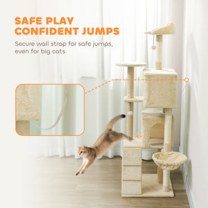 63 Inch Cat Tree with Sisal Scratching Posts, Condos, Plush Perches, Hammock, Ladder, Dangling Balls, Beige – view 5
