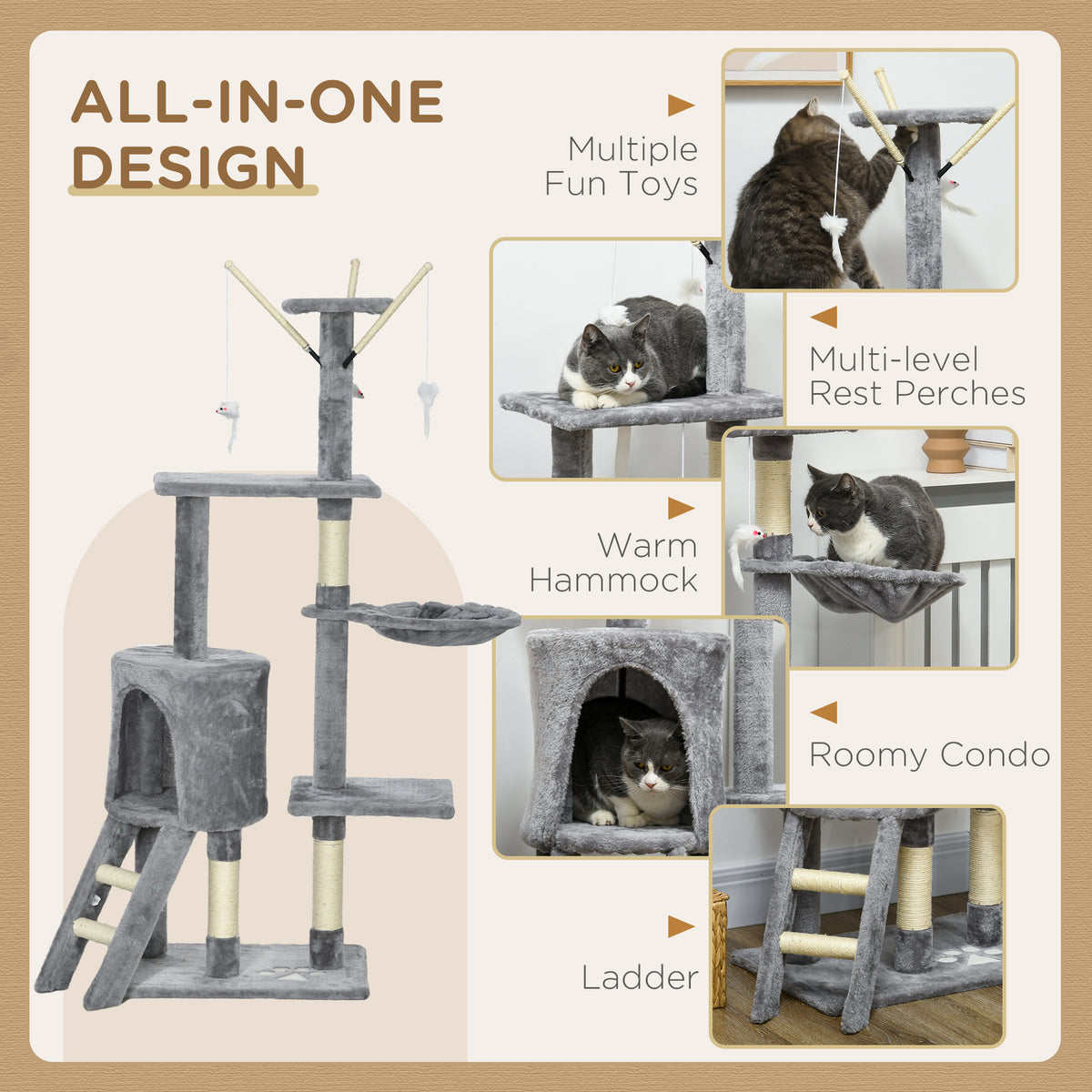 53" Cat Tree Tower, Kitten Activity Centre with Scratching Posts, Condo, Perches, Ladder, Hammock – view 6