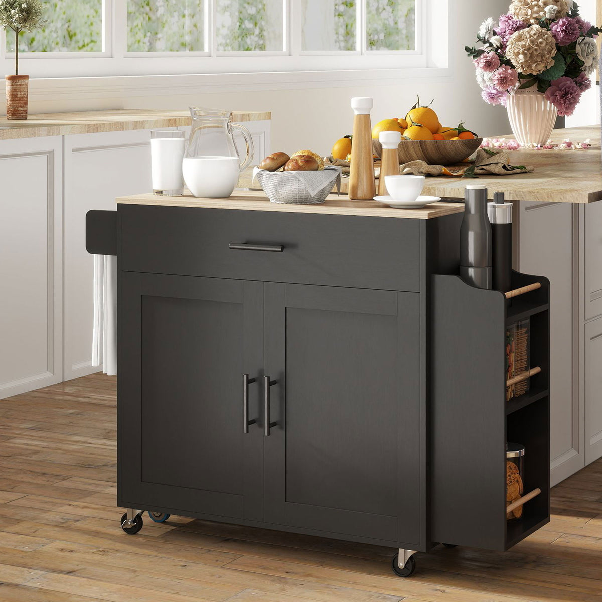 Kitchen Island with Storage, Rolling Kitchen Cart with Foldable Drop Leaf, Power Outlet and USB Ports, Black – view 7