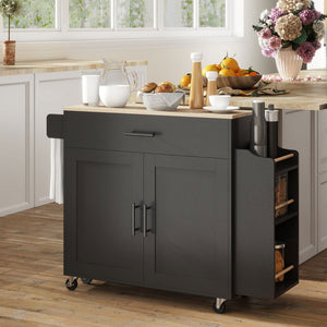 Kitchen Island with Storage, Rolling Kitchen Cart with Foldable Drop Leaf, Power Outlet and USB Ports, Black – view 7