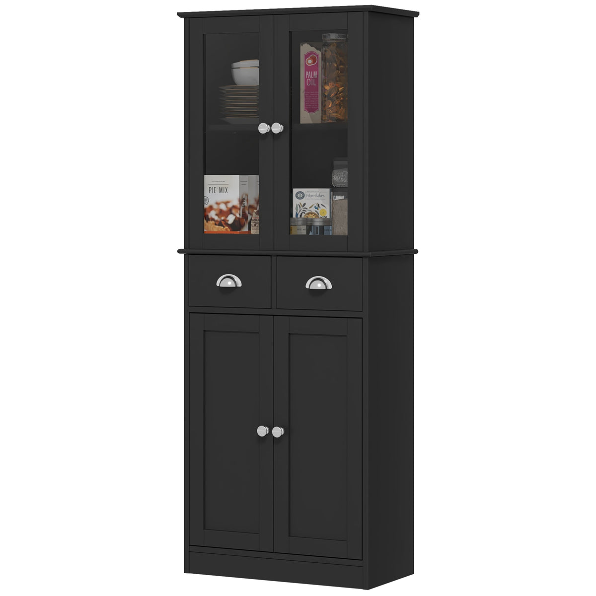 61" Kitchen Pantry Cabinet, Freestanding Farmhouse Buffet Storage Cabinet with Soft Close Glass Doors and