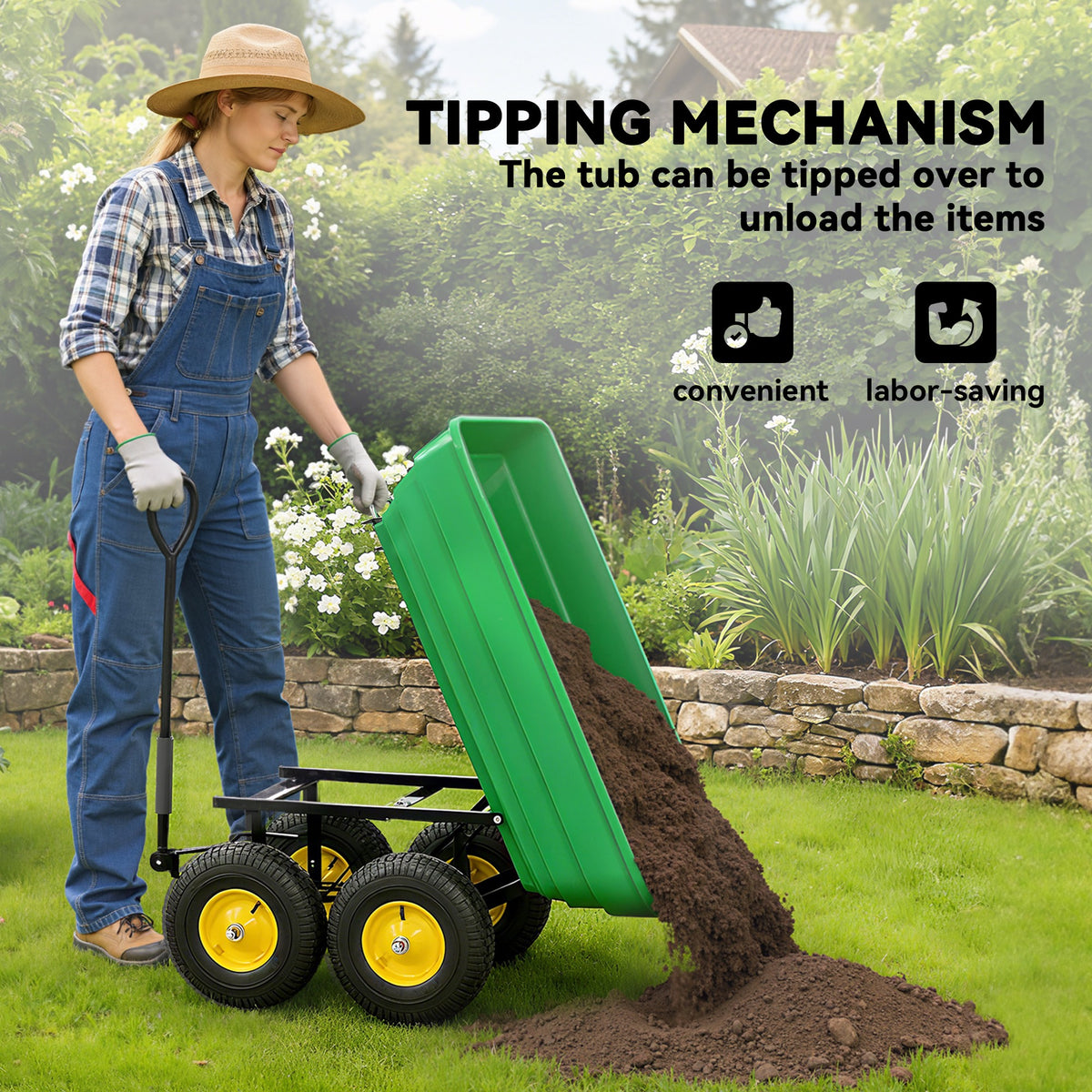 Garden Dump Cart Heavy Duty 440lbs Wagon with Steel Frame and 10'' Pneumatic Tires, Green – view 4