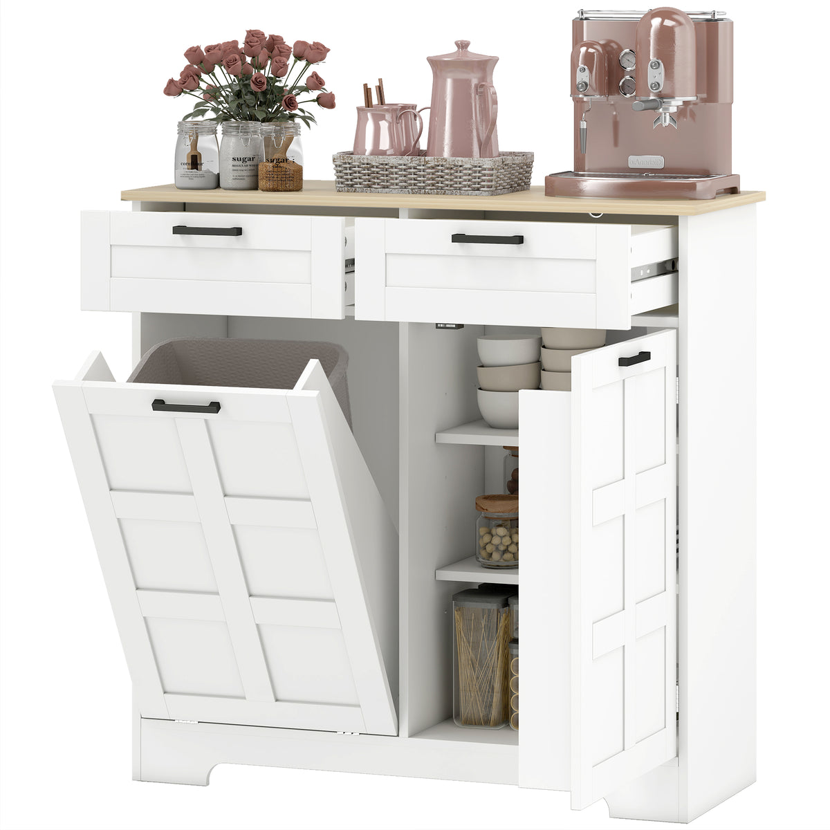 13 Gallon Tilt Out Garbage Cabinet, Kitchen Island with Trash Cabinet, 2 Drawers, Door Racks – view 8