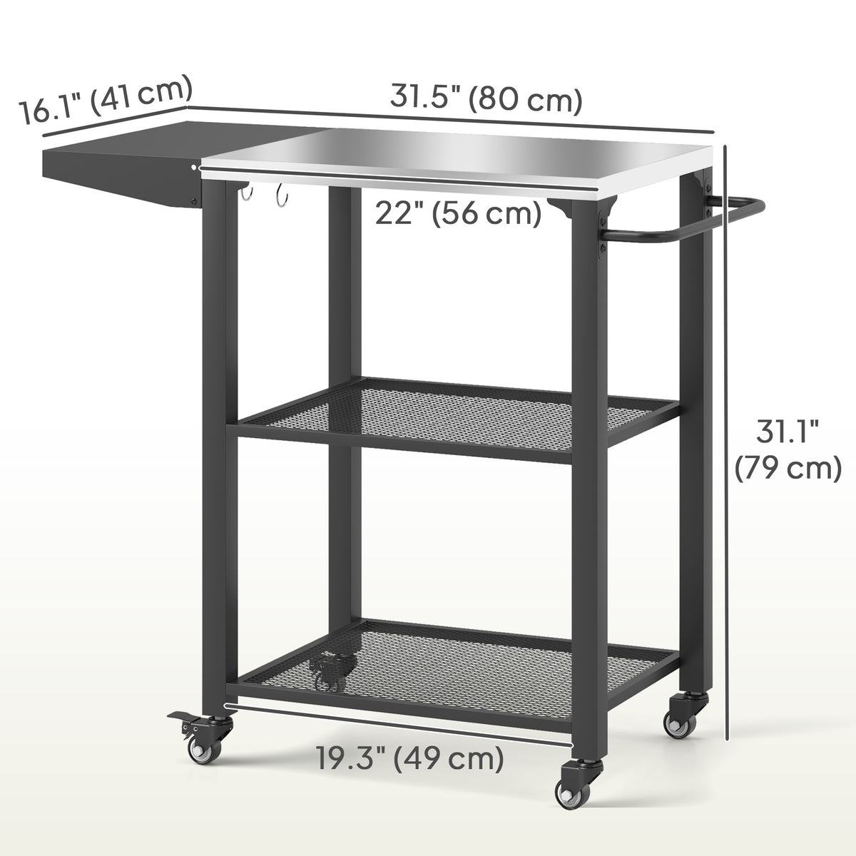3-Shelf Outdoor Grill Cart Table with Side Handle, Stainless Steel Pizza Oven Stand on Wheels, Black – view 9
