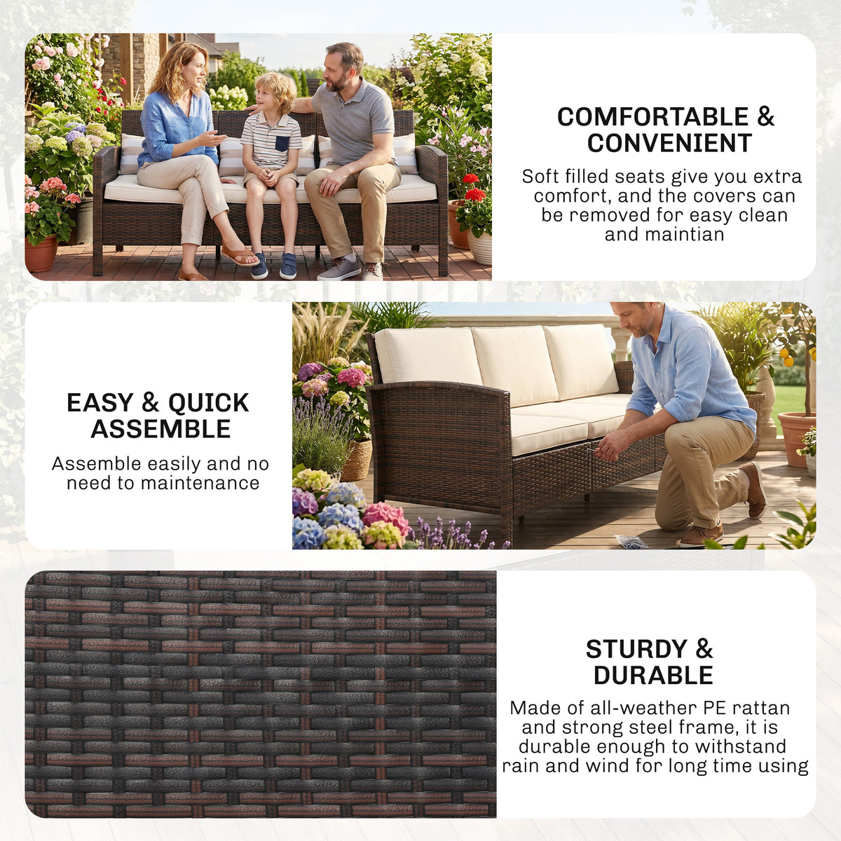 3-Seater Wicker Sofa, PE Rattan Outdoor Couch Conversation Furniture with Removable Cushions for Patio – view 11