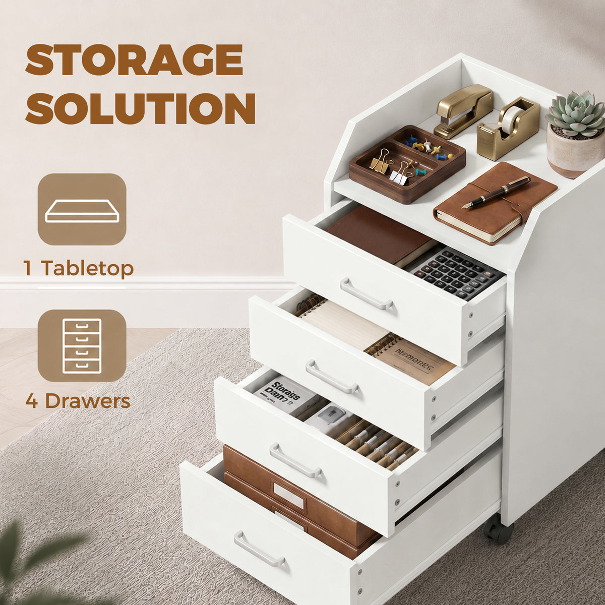4-Drawer Vertical Mobile Filing Cabinet, File Cabinet with Lockable Wheels for Home Office, White