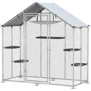 Large Catio Outdoor Cat Enclosure with Waterproof Cover, Walk-in Cat Patio w/ 5 Adjustable Platforms & Hammock 79" W