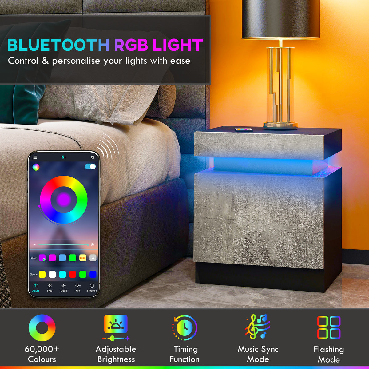 Nightstand, Bedside Table with LED Lights and 2 Drawers for Bedroom, Living Room, Cement Grey
