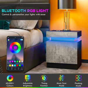 Nightstand, Bedside Table with LED Lights and 2 Drawers for Bedroom, Living Room, Cement Grey
