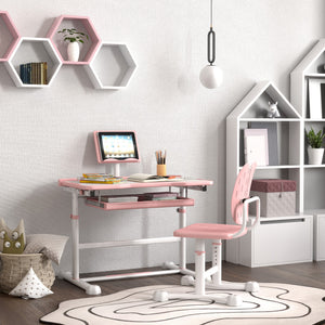 Qaba Height Adjustable Kids Desk and Chair Set with Tilt Desktop, Large Writing Board, Storage Drawer, Book Stand