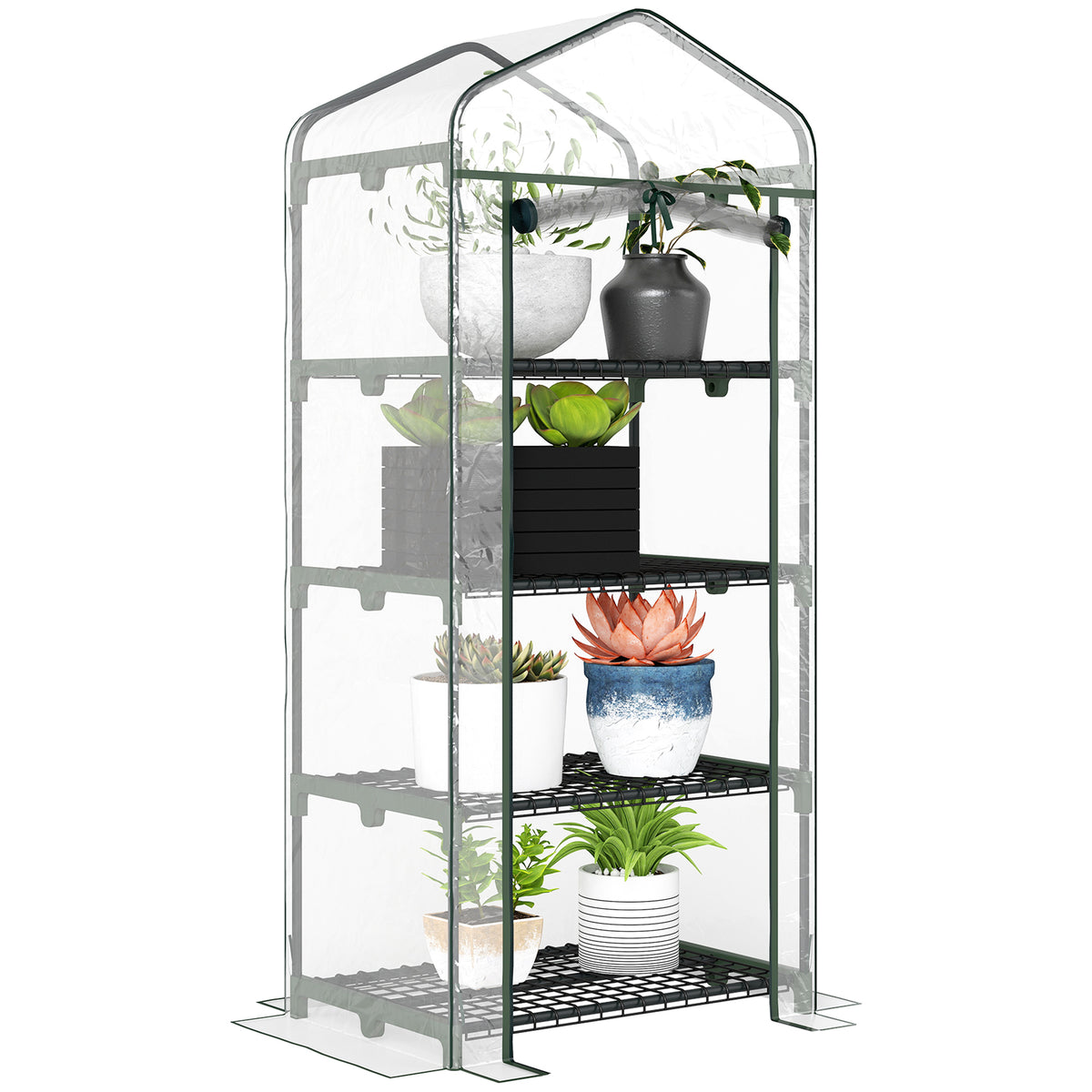 Portable Greenhouse Outdoor Hot House with 4 Tier Shelves, Steel Frame, PE Cover, 28" x 20" x 63" , White – view 4