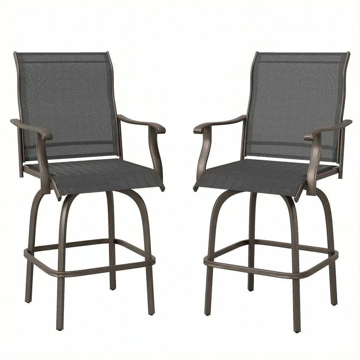 Outdoor Bar Stools Set of 2, Swivel Bar Height Chairs with High Back, Curved Armrests and Steel Frame, Black