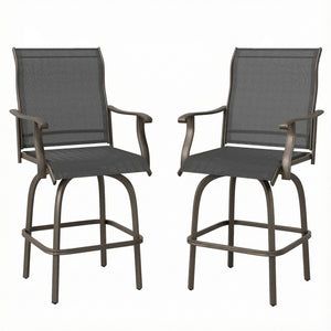 Outdoor Bar Stools Set of 2, Swivel Bar Height Chairs with High Back, Curved Armrests and Steel Frame, Black