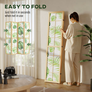 4 Panel Folding Privacy Screen, 67" Room Divider with Palm Leaf Design for Living Room Bedroom, Natural and Green