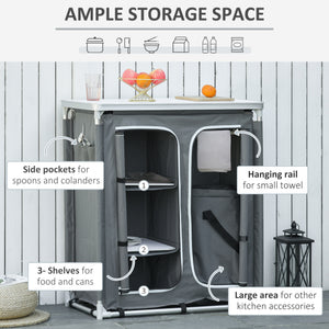 Aluminum Camping Table, Camping Kitchen Station Cook Cupborad with 3-Shelf, Storage Organiser for BBQ Party Picnic Grey