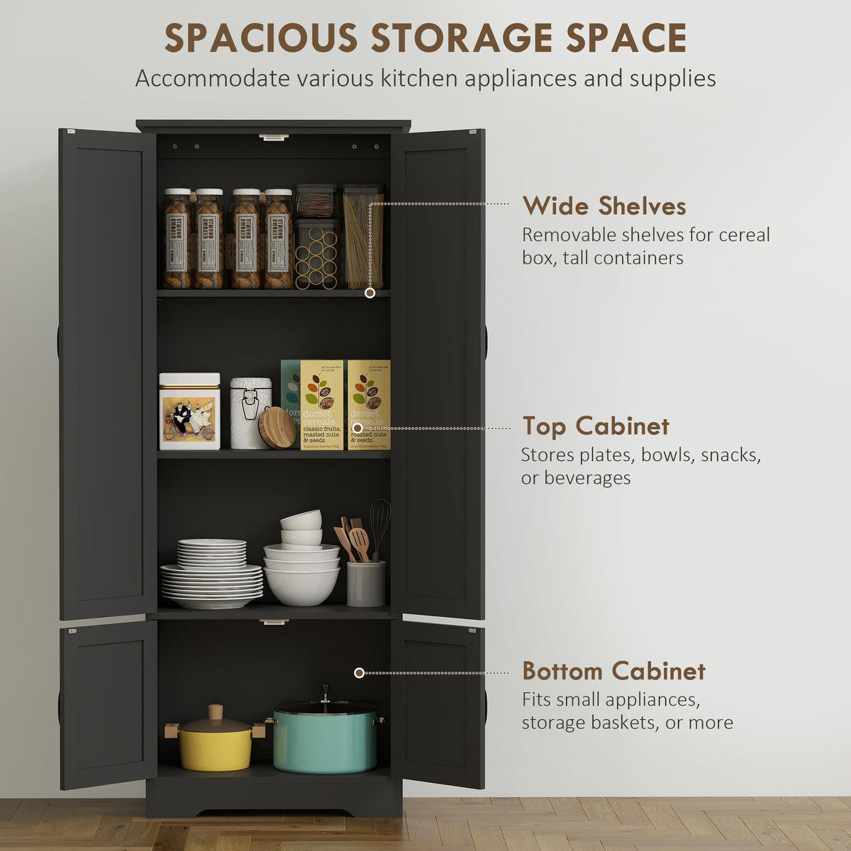 48" 4-Door Storage Cabinet Multi-Storey Large Space Pantry with Adjustable Shelves Black – view 17