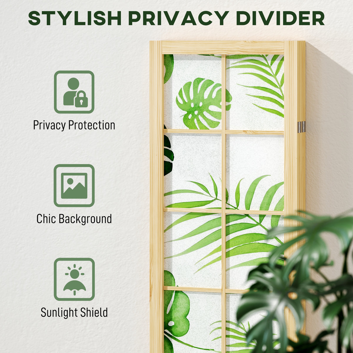 4 Panel Folding Privacy Screen, 67" Room Divider with Palm Leaf Design for Living Room Bedroom, Natural and Green
