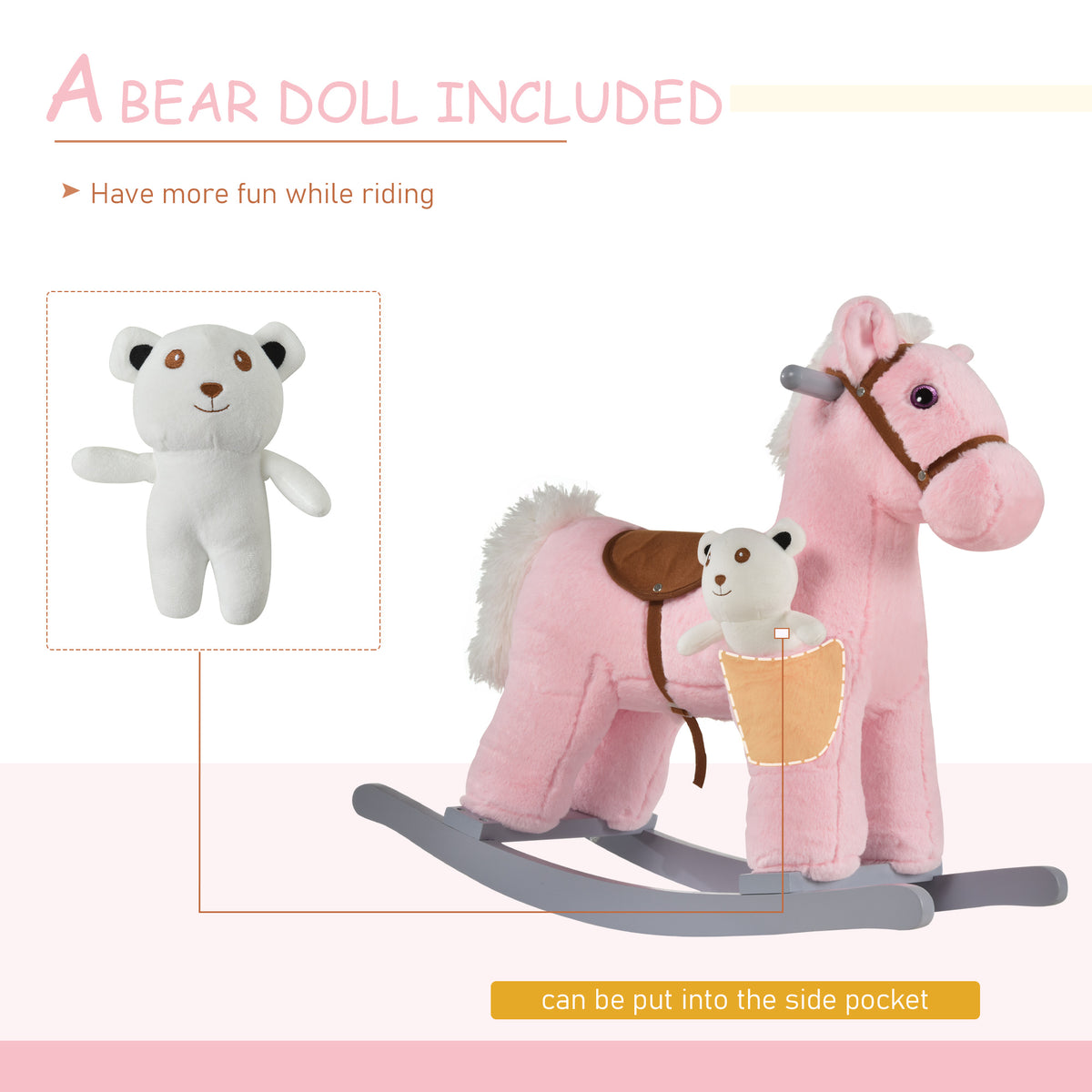 Qaba Kids Rocking Horse Plush Animal on Wooden Rockers with Sounds, Wooden Base and Bear Toy, Baby Rocking Chair