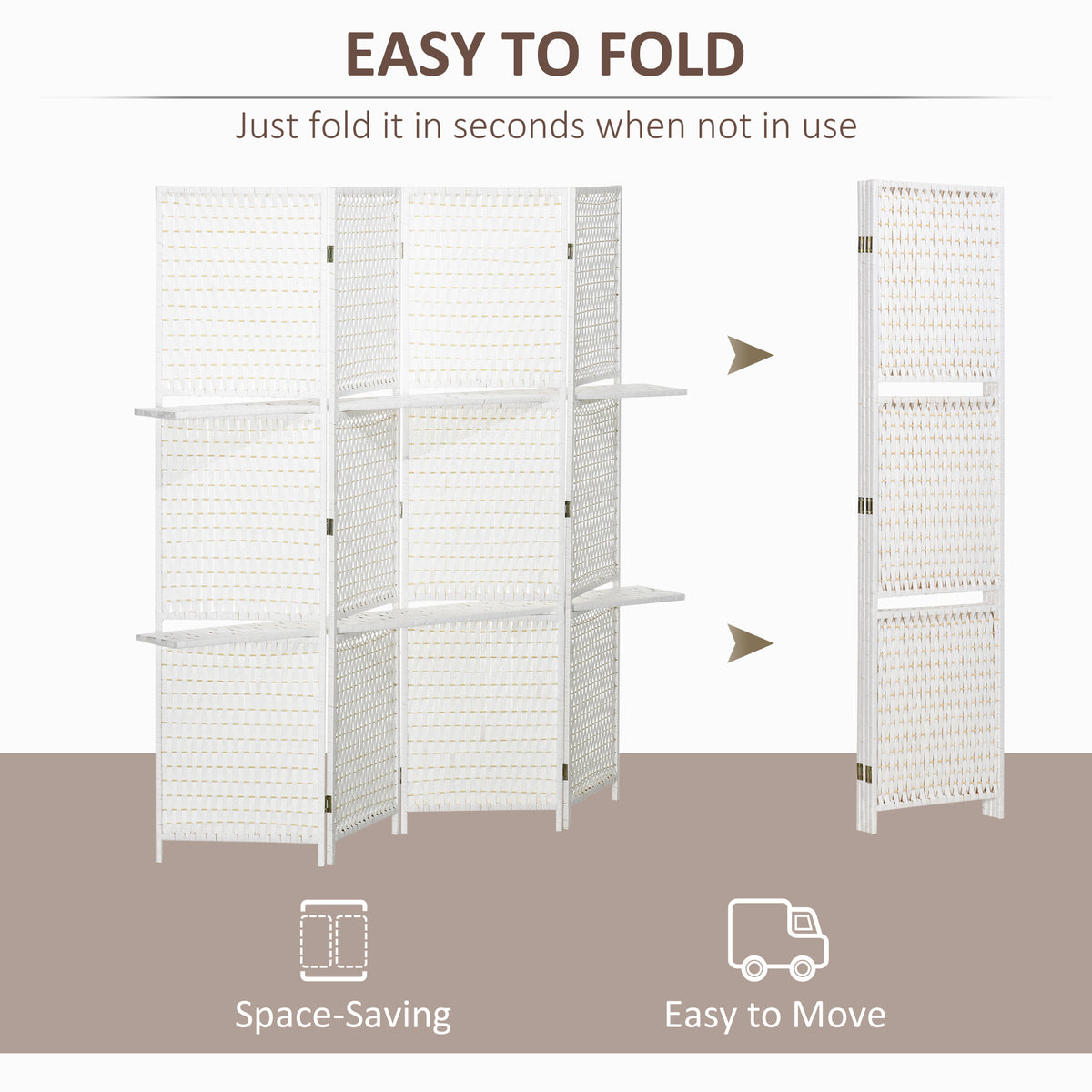4 Panel Room Divider with Shelves, 6 FT Freestanding Folding Privacy Screen, Partition Wall Divider for Bedroom, White