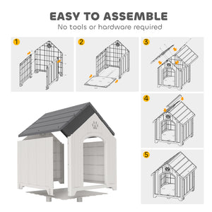Large Plastic Dog House Outdoor Indoor, Water Resistant Puppy Shelter with Base Support, 34.6" L x 31.1" W x 35" H