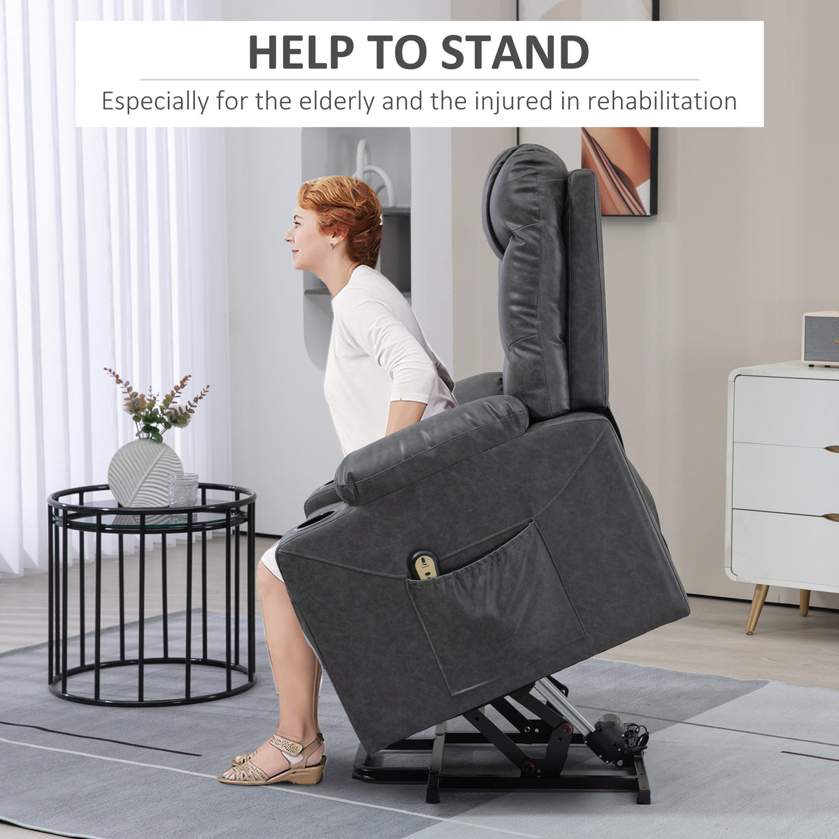 Lift Chair for Elderly, PU Leather Electric Recliner Chair with Quick Assembly, Remote, Cup Holders, Side Pockets, Grey