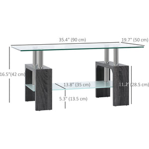 Rectangle Glass Coffee Table, 2-Tier Center Table with Tempered Glass Top and Storage Shelf for Living Room, Grey