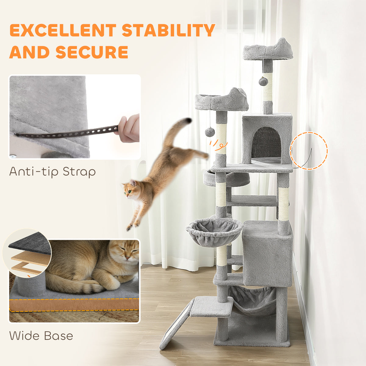 76" Large Cat Tree for Indoor Cats with 8 Scratching Posts, 3 Plush Beds, 2 Hammocks, 2 Large Condos, Ramp – view 12