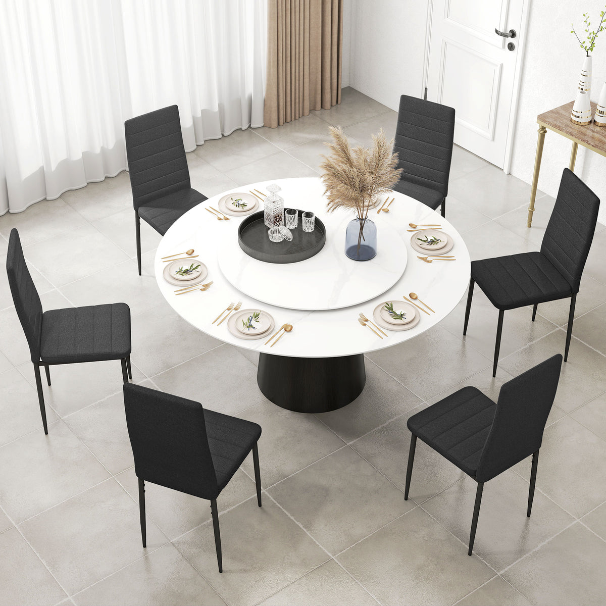 High Back Dining Chairs, Modern Upholstered Linen Fabric Accent Chairs with Metal Legs for Kitchen, Set of 6, Black