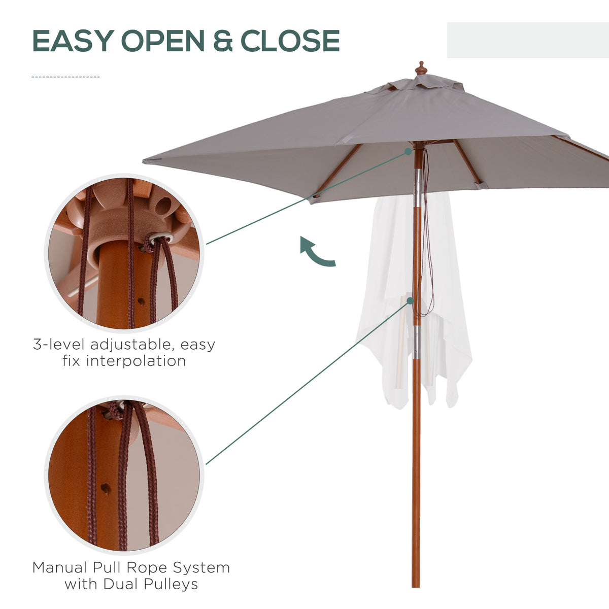 6.6x5ft Square Market Parasol, Wooden Patio Umbrella with Tilt Mechanism and 6 Bamboo Ribs – view 19