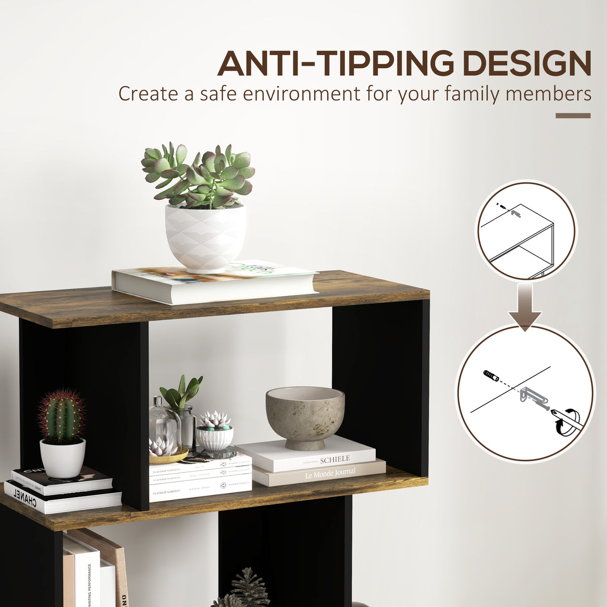 5-Tier Bookshelf, Geometric S Shaped Bookcase, Tall Narrow Display Shelf for for Living Room, Study Room – view 12
