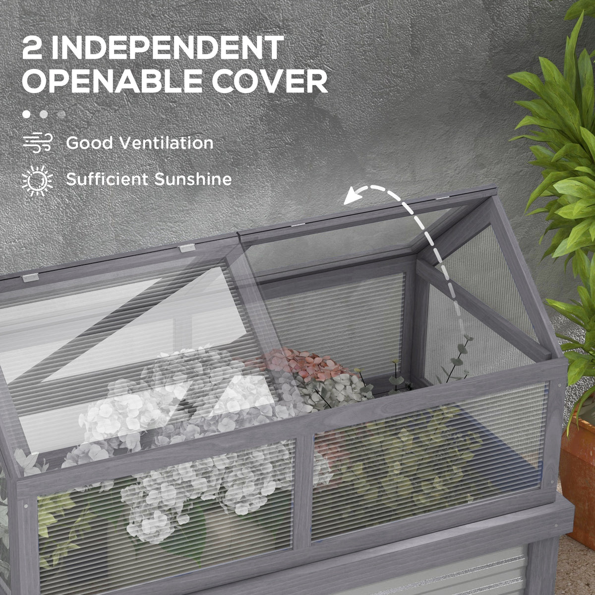 Raised Garden Flower Bed Kit with Greenhouse, Wooden Cold Frame Planter with Open Roofs, 48" x 24" x 32" – view 13