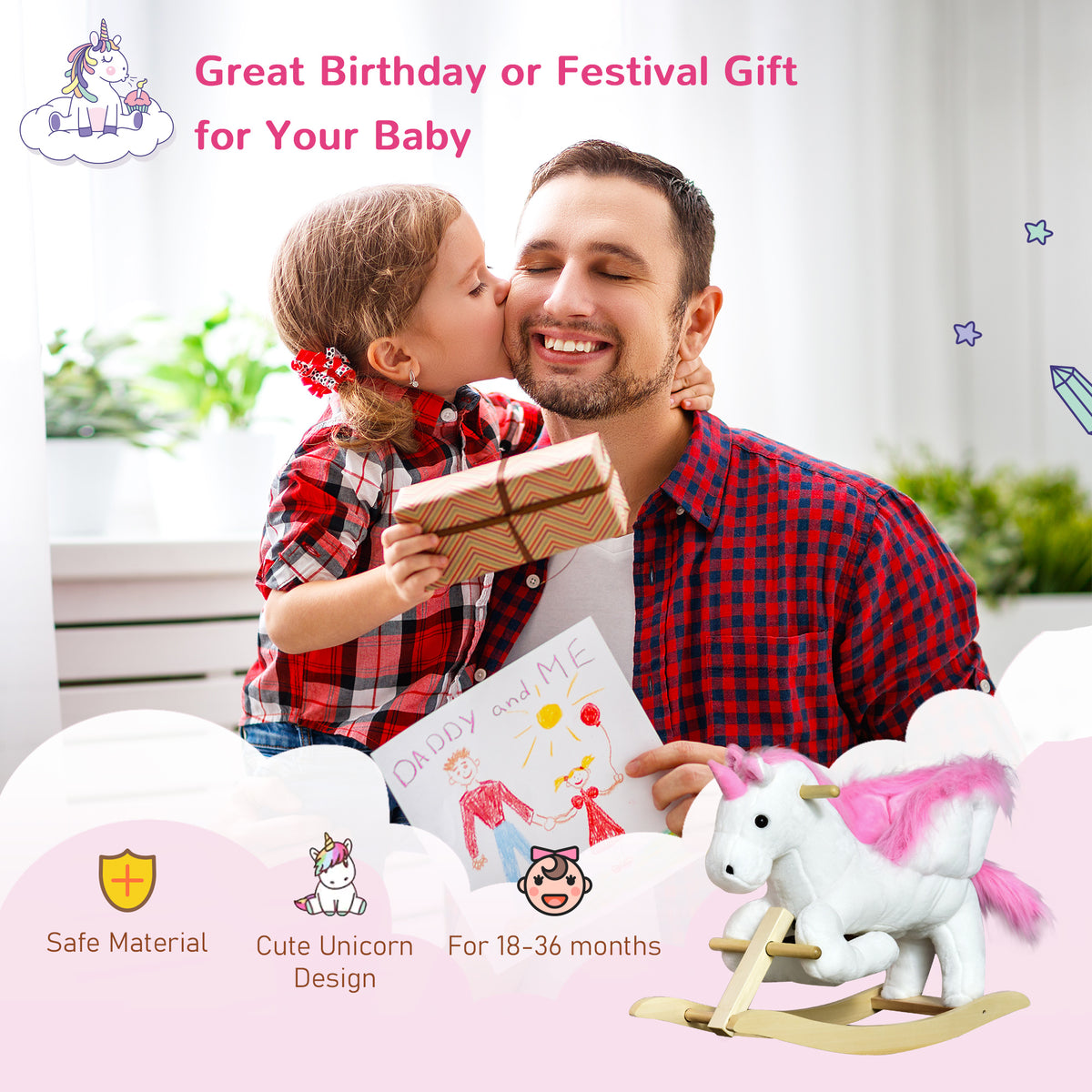 Qaba Baby Rocking Horse, Plush Animal Rocker for Toddlers Aged 18-36 Months, Stuffed Ride Toy with Sounds, Seat Belt, White and Pink