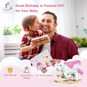 Qaba Baby Rocking Horse, Plush Animal Rocker for Toddlers Aged 18-36 Months, Stuffed Ride Toy with Sounds, Seat Belt, White and Pink
