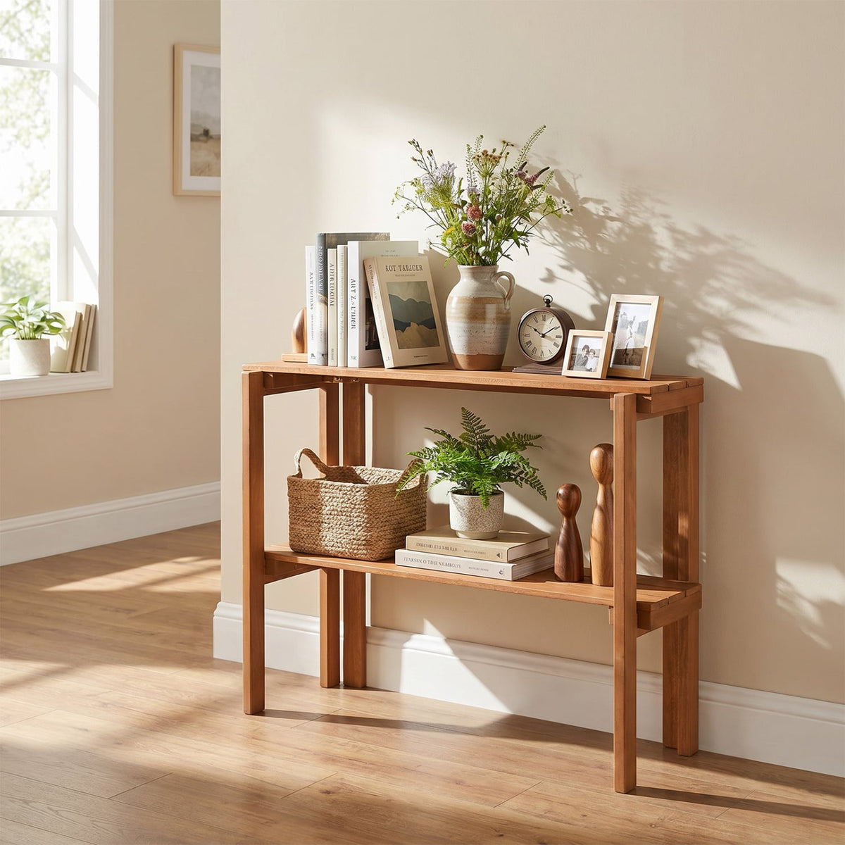 2/3-Tier Folding Wooden Storage Shelves for Entryway and Garden-2-Tier view 2