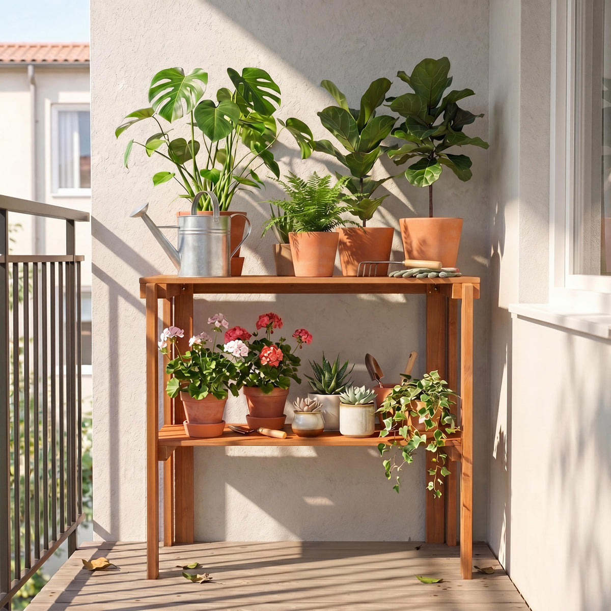 2/3-Tier Folding Wooden Storage Shelves for Entryway and Garden-2-Tier view 3