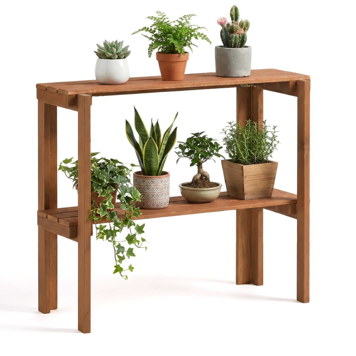 2/3-Tier Folding Wooden Storage Shelves for Entryway and Garden-2-Tier