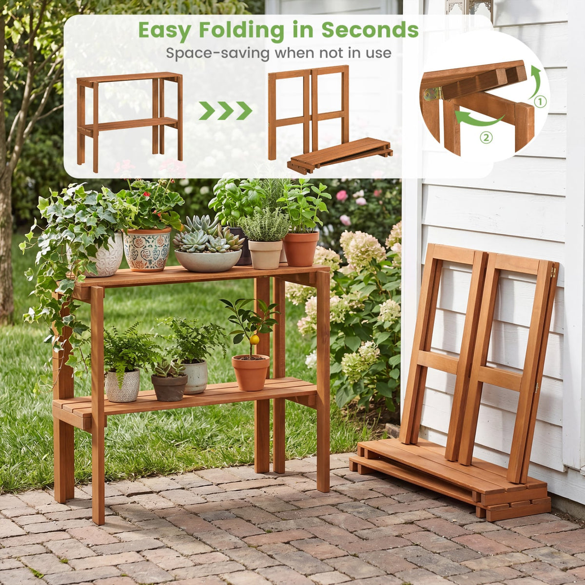 2/3-Tier Folding Wooden Storage Shelves for Entryway and Garden-2-Tier view 8