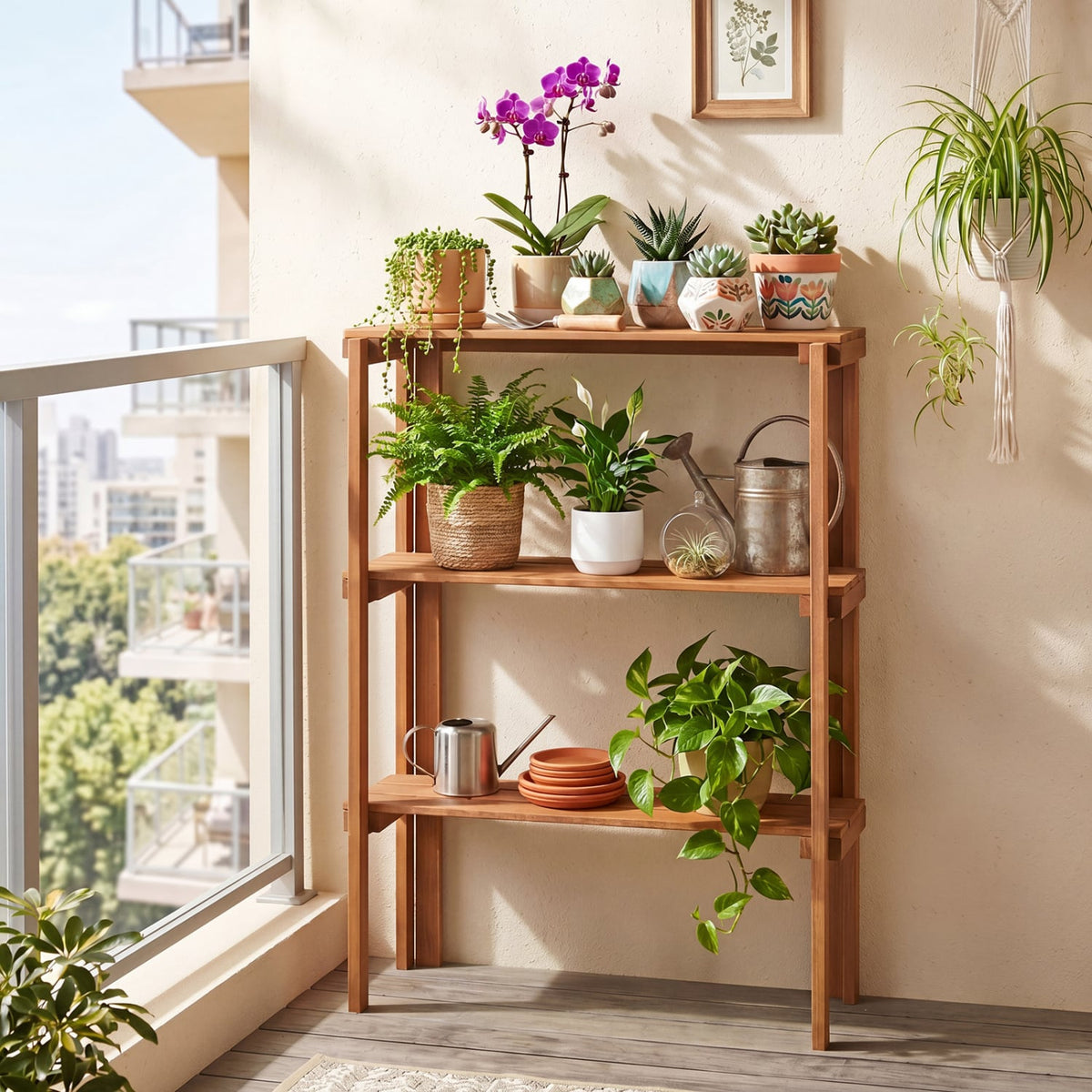 2/3-Tier Folding Wooden Storage Shelves for Entryway and Garden-3-Tier view 2