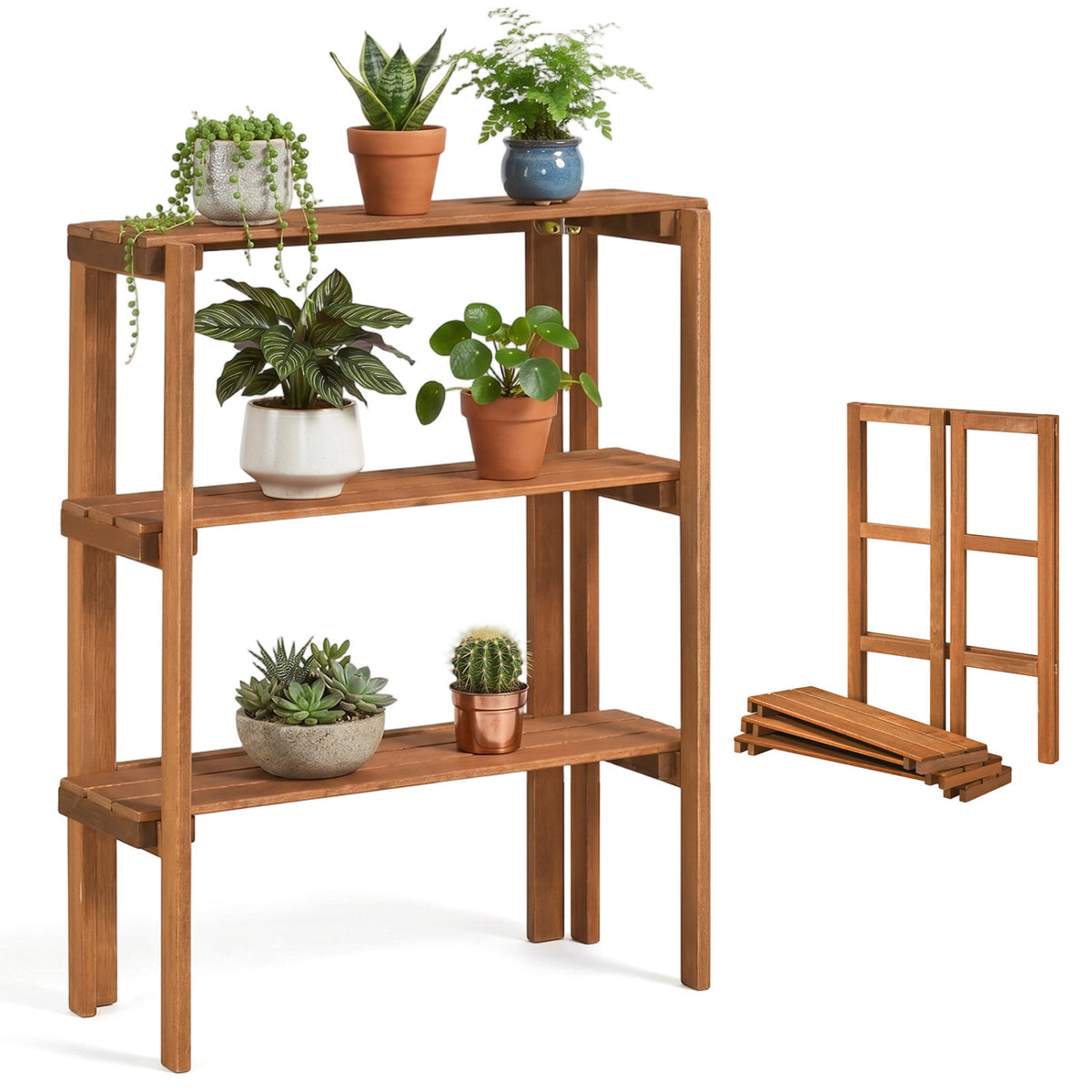2/3-Tier Folding Wooden Storage Shelves for Entryway and Garden-3-Tier view 4